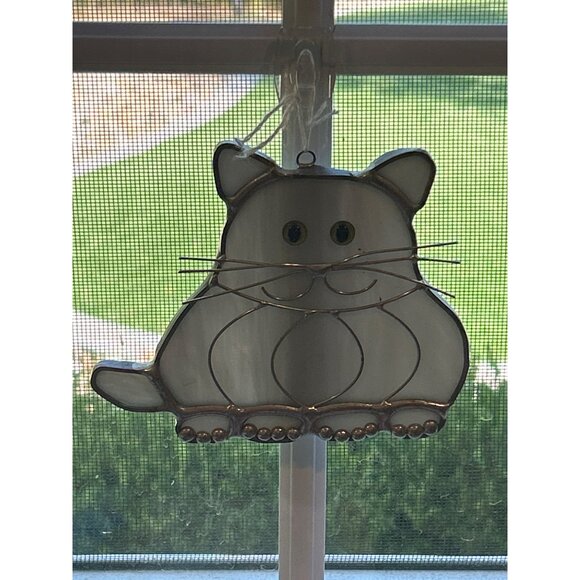 Gray Stained Glass Cat Suncatcher with Green Eyes & Wire Whiskers Chubby Kitty - Picture 2 of 6
